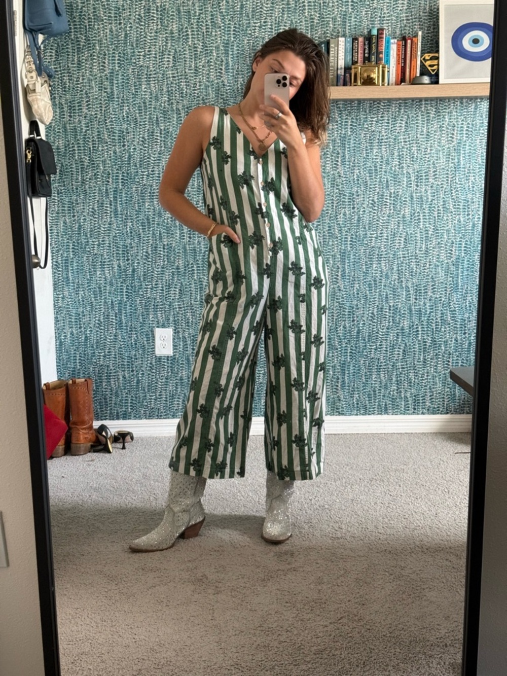 The Odell’s Anthropologie Green & White Striped Cactus Print Jumpsuit